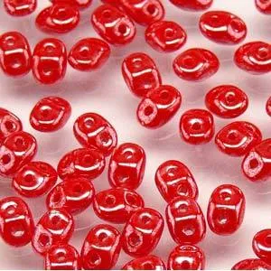 Superduo Beads, Coral Red White Luster, 10g.
