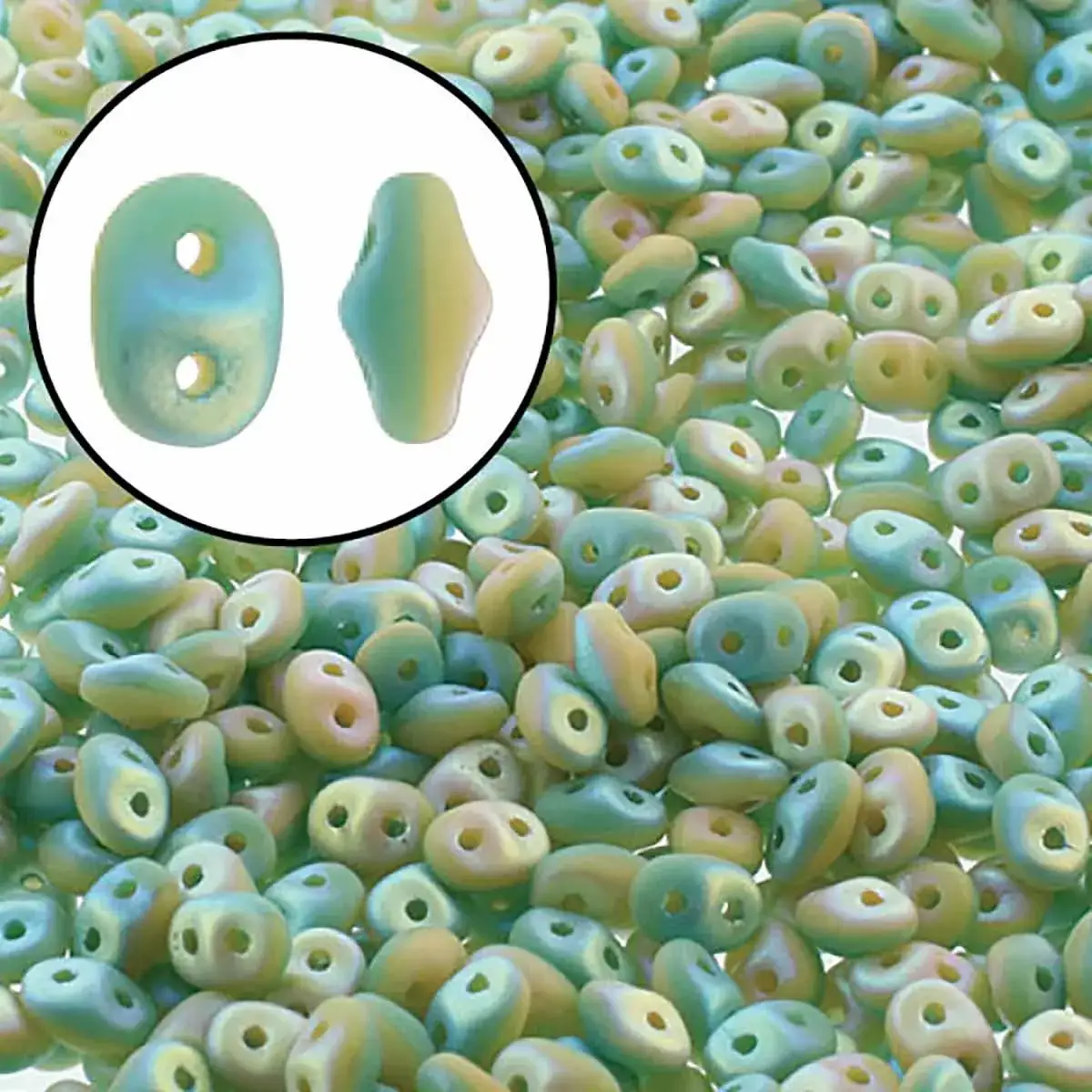 Superduo Beads, Duet Green Turquoise Ivory Full Matte AB, 10g.