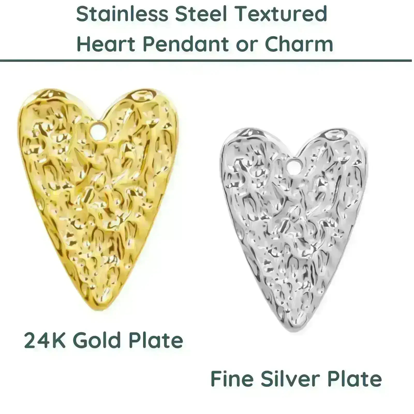 Textured Heart Stainless Steel Charm or Pendant, 2 Finishes