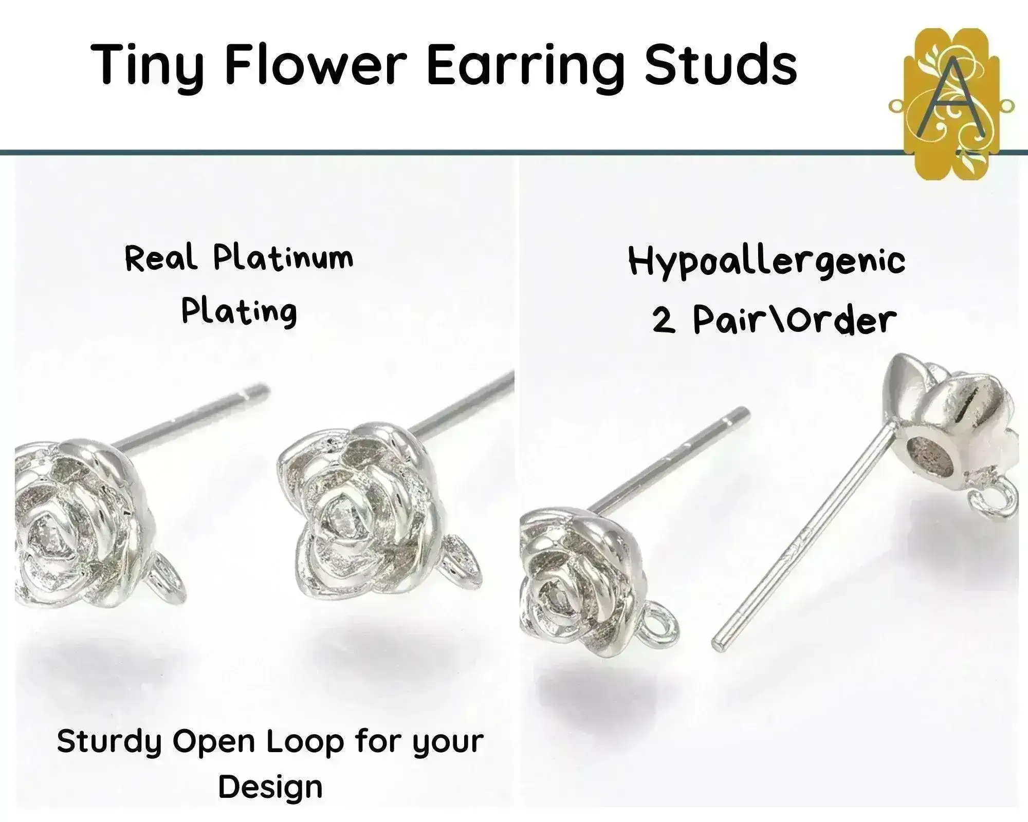 Tiny Flower, Fancy Earring Studs or Posts, Real Platinum Plating, Hypoallergenic, 2 Pair
