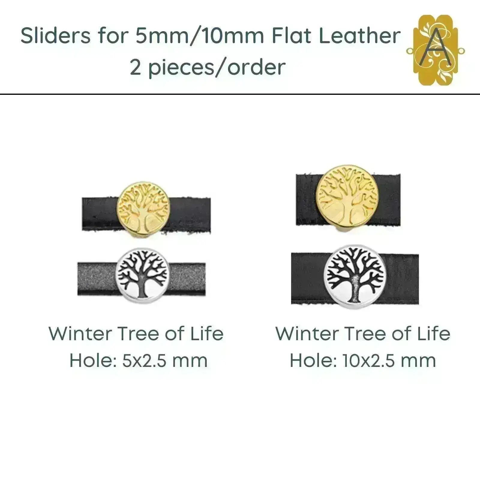 Winter Tree of Life, Sliders for 5mm and 10mm Flat Leather, 3 Finishes