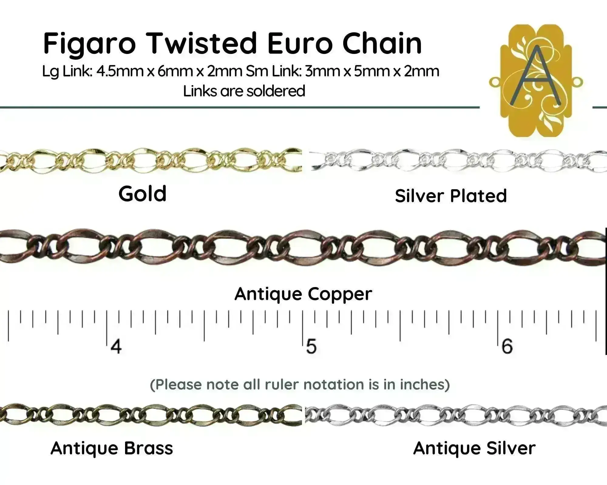 Twisted Figaro Euro Chain, Sold in 1-ft. Increments, Antique Brass, Antique Copper, Antique Silver, Gold, Silver Plated